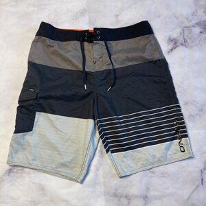 O’Neill Striped Color Block Board Shorts Mens Size 34 Swim Gray